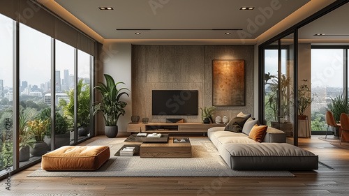Minimalist living room interior with wooden floor, decor on a large wall, beautiful room with modern style, still life shot, home decor, plants and wide windows, photo