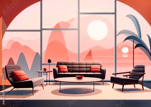 Living room interior with a view of the sea and mountains Vector illustration