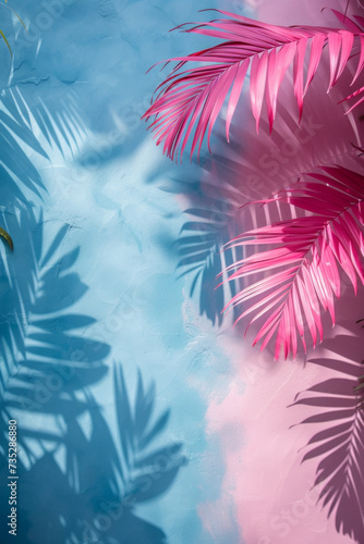 Summer minimalist scene with pink palm tree against vibrant magenta and blue background. Travel, vacation, Mediterranean, sun. © lagano