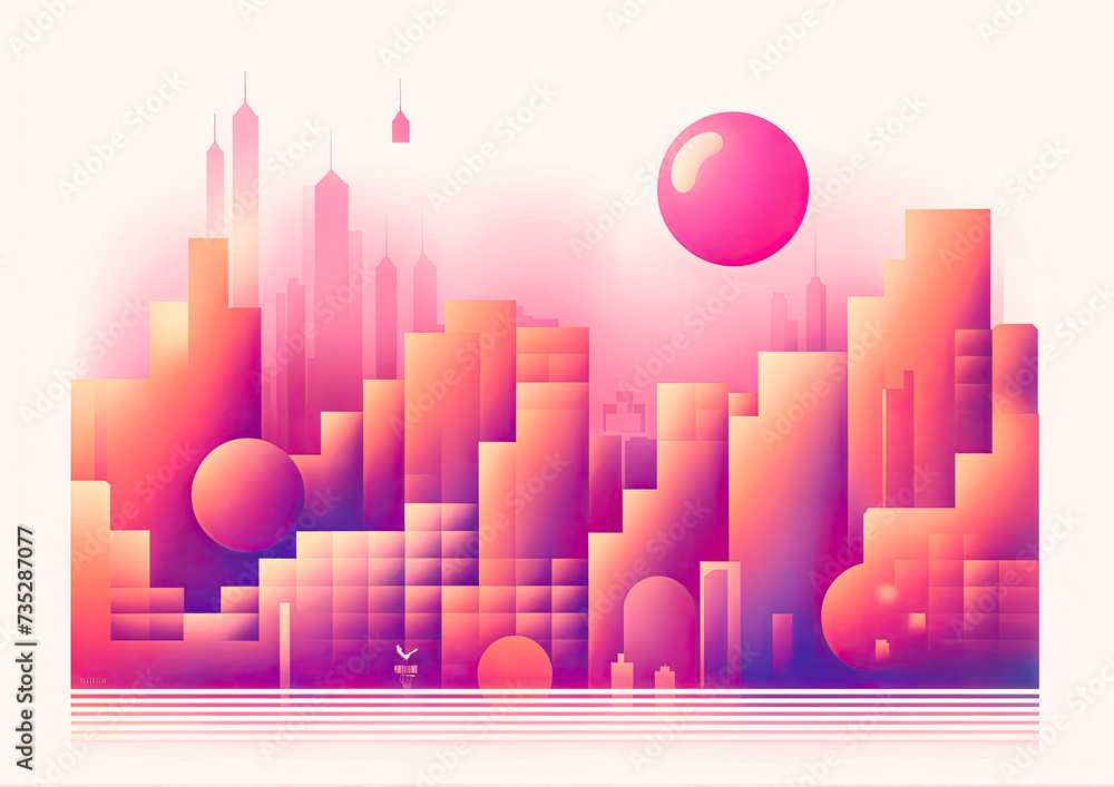 abstract background with cityscape in pink and purple colors, vector illustration