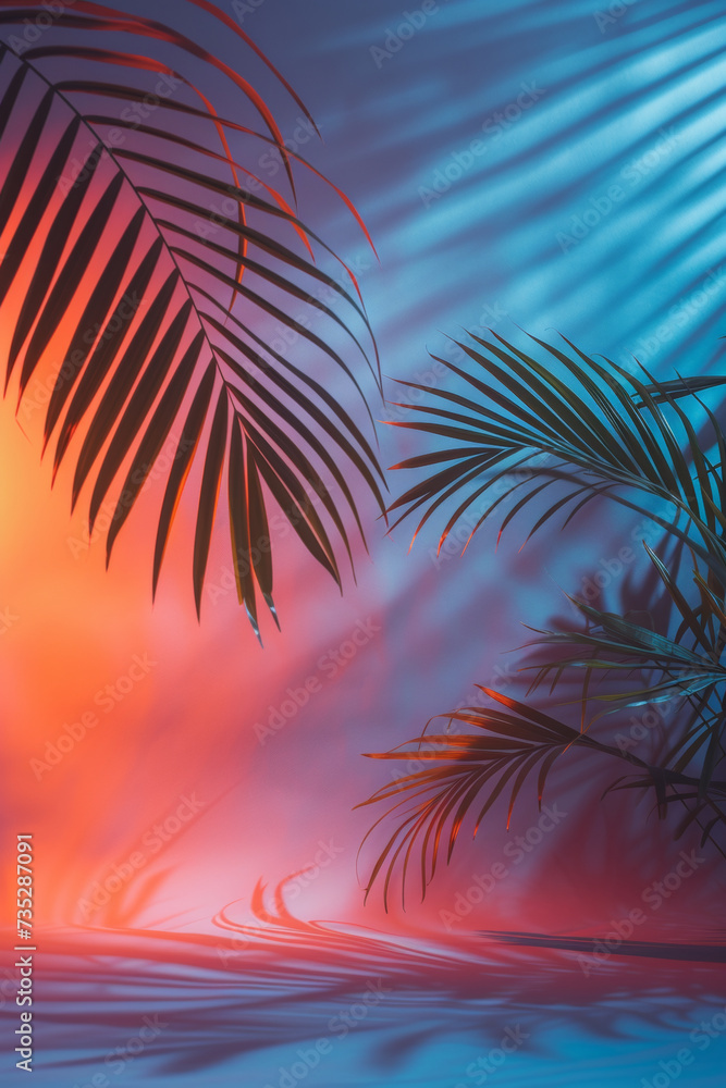 Summer minimalist scene with palm tree against vibrant magenta and blue background. Travel, vacation, Mediterranean, sun.