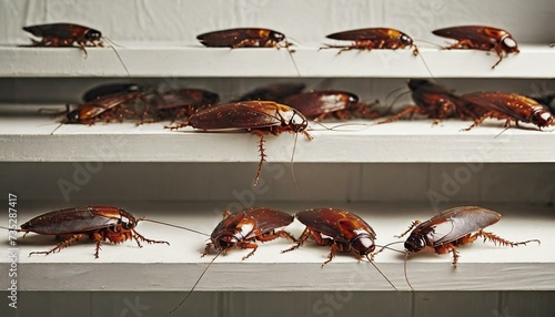  A lot of cockroaches are sitting on a white wooden shelf. The German cockroach. Cockroach photo