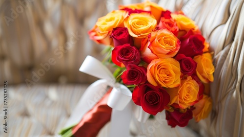 Stunning Bouquet of Vibrant Orange and Red Roses with Satin Ribbon