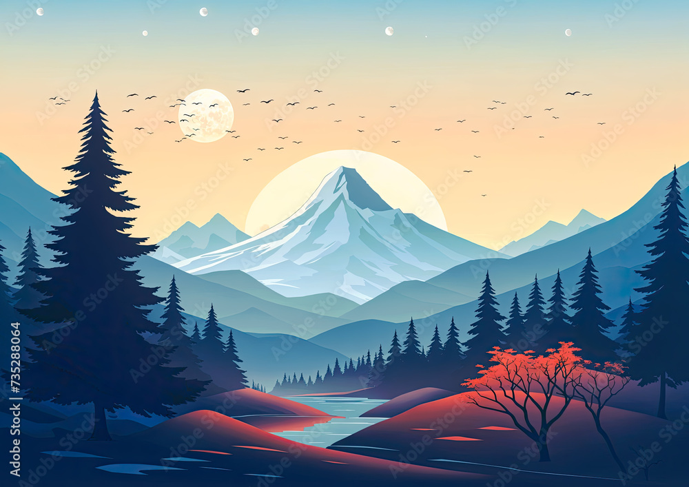 Mountains and forest at sunset Vector illustration for your design