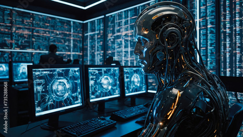 technological metallic humanoid in a server room working on computer - cybersecurity vulnerability and hacker malware concept photo