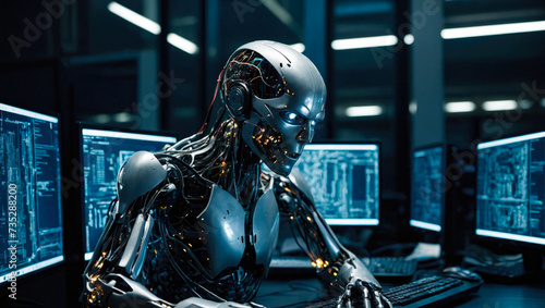 technological metallic humanoid in a server room working on computer - cybersecurity vulnerability and hacker malware concept