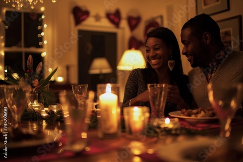 Amidst the warm glow of candles and festive christmas decorations  a man and woman share an intimate dinner  their faces illuminated by the soft light as they clink their wine glasses in celebration 