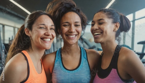 Three female friends laughing happily at gym