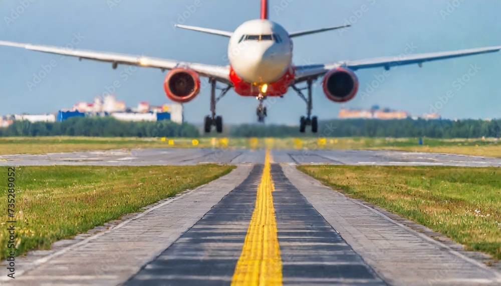 Fototapeta premium Pista de um aeroporto e ao fundo um avião se preparando para tocar o solo