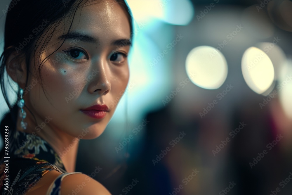 A captivating model with fierce black hair and a bold makeup look gazes confidently at the camera, exuding beauty and strength A captivating model with fierce black hair and a bold makeup look gazes confidently at the camera, exuding beauty and strength