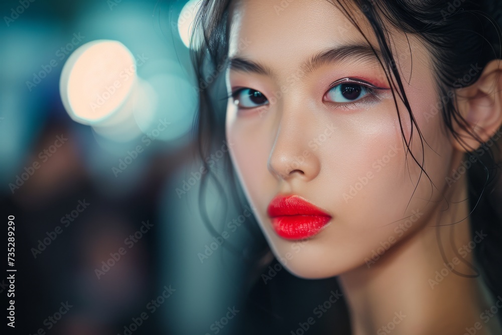 A glamorous woman with bold red lipstick enhances her human face with carefully applied cosmetics, highlighting her striking eyes with eyeliner, eye shadow, and mascara while perfectly shaping her ey A glamorous woman with bold red lipstick enhances her human face with carefully applied cosmetics, highlighting her striking eyes with eyeliner, eye shadow, and mascara while perfectly shaping her ey