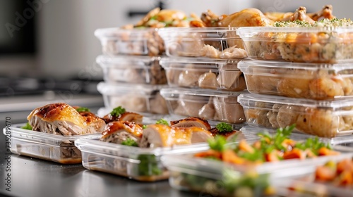 Generative AI : Meal prep. Stack of home cooked roast chicken dinners in containers ready to be frozen photo