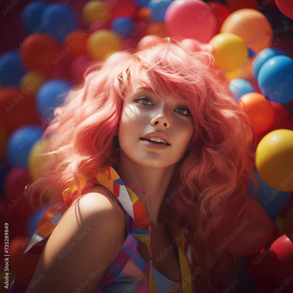 Frau mit roten Haaren. Bunte Luftballons im Hintergrund Frau mit roten Haaren. Bunte Luftballons im Hintergrund
