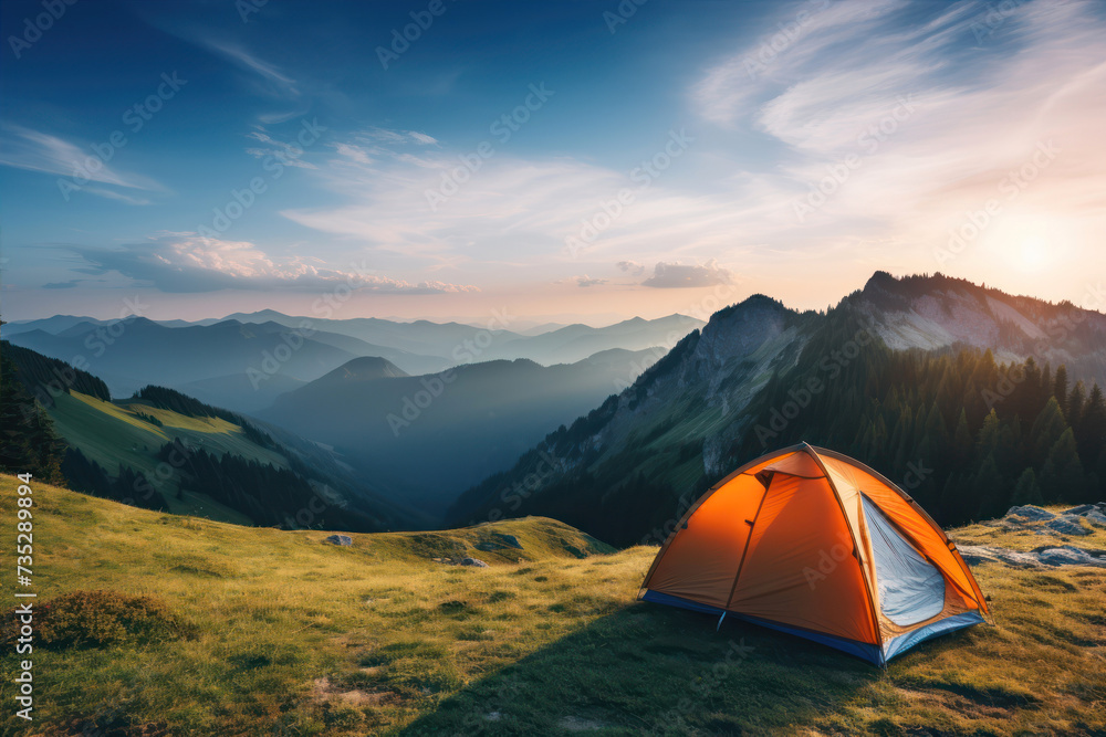 Camping on the top of the mountain in the summer at sunset