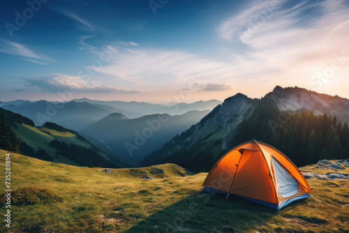 Camping on the top of the mountain in the summer at sunset