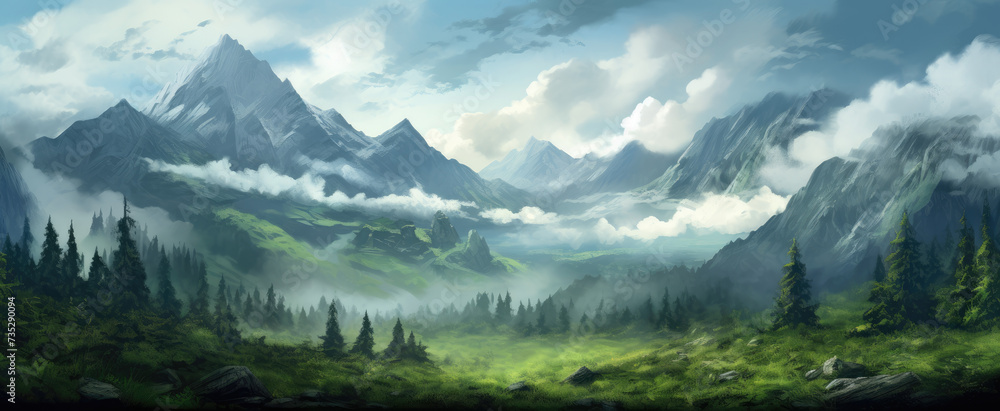 Snowy Mountains in foggy clouds. Misty landscape with fir forest with high hills and mystery atmosphere