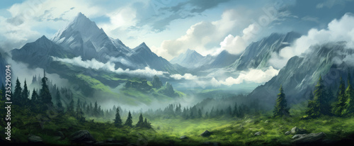 Snowy Mountains in foggy clouds. Misty landscape with fir forest with high hills and mystery atmosphere