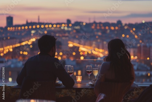 Amidst the vibrant cityscape, a woman in stylish clothing gazes at the setting sun with her partner, their wine glasses reflecting the glowing sky as they bask in the warm light of the bustling stree