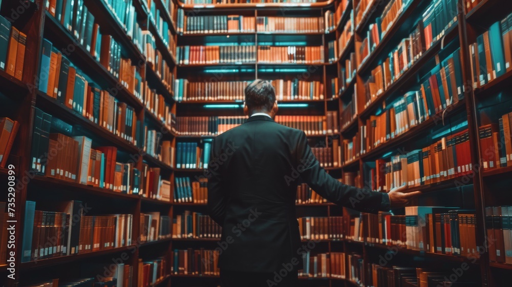 A dapper gentleman peruses the shelves of knowledge in a serene public library, surrounded by rows of neatly stacked books and the calming scent of literature A dapper gentleman peruses the shelves of knowledge in a serene public library, surrounded by rows of neatly stacked books and the calming scent of literature