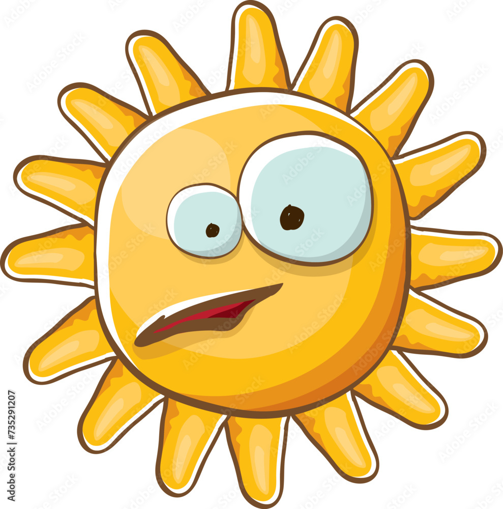 vector bright cartoon style summer sun character isolated on white background. Summer sun sticker and label isolated. funky kids summer character with eyes and mouth vector bright cartoon style summer sun character isolated on white background. Summer sun sticker and label isolated. funky kids summer character with eyes and mouth