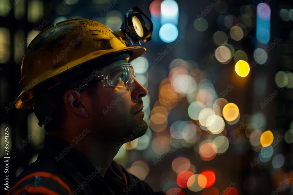 In the midst of a bustling city street at night, a determined man wearing a hard hat and goggles braves the outdoor elements with confidence and purpose In the midst of a bustling city street at night, a determined man wearing a hard hat and goggles braves the outdoor elements with confidence and purpose