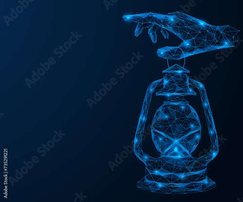 Hand holding a kerosene lamp on its finger indicates the direction. Polygonal design of interconnected lines and dots. Blue background.