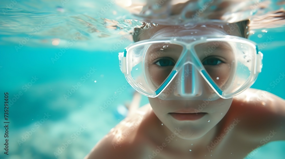 Generative AI : boy with snorkeling mask diving in underwater in water sport outdoor. Generative AI : boy with snorkeling mask diving in underwater in water sport outdoor.