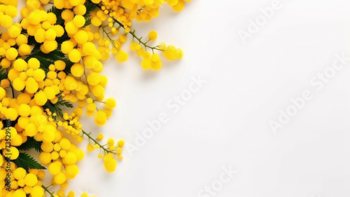 Spring volumetric composition of a bouquet of yellow mimosa flowers, top view with copy space on a white background