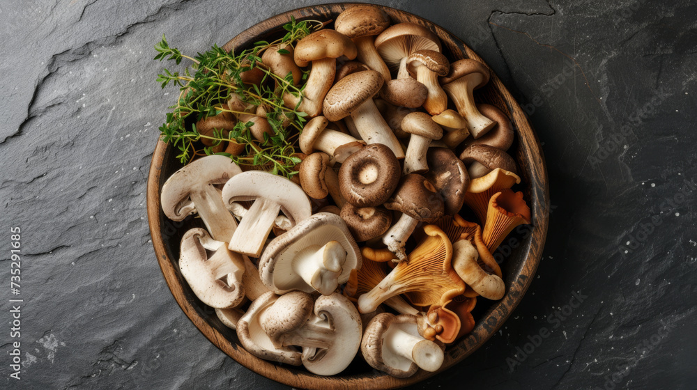 A bowl of fresh brown mushrooms on a rustic wooden table.
