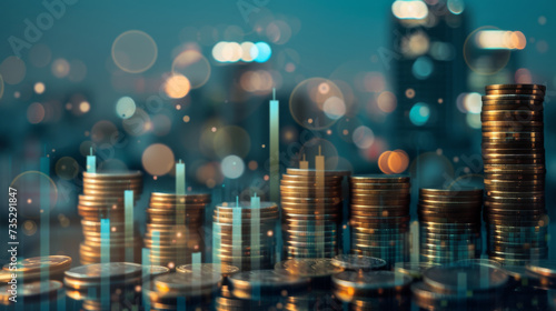 Stacked coins in various denominations with a digital stock market display in the background, all set against a bokeh of city lights, illustrating concepts of finance and investment.