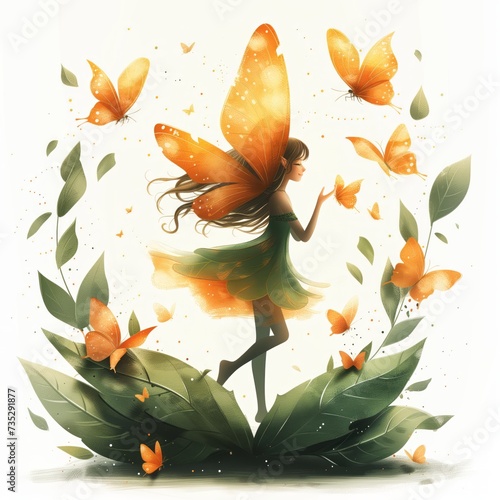 fatina tenera che gioca con le farfalle illustrazione su sfondo bianco photo
