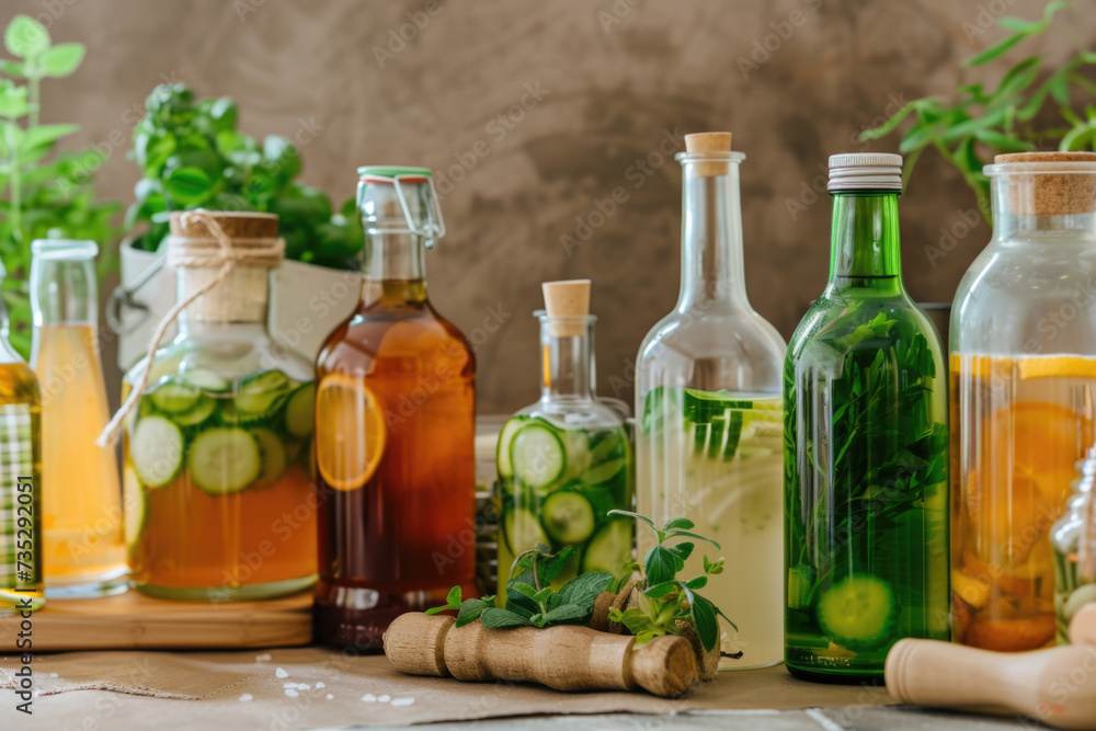 Variety of homemade fermented drinks in the glass bottles and jars, healthy organic probiotic beverage Variety of homemade fermented drinks in the glass bottles and jars, healthy organic probiotic beverage