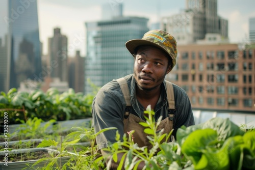 A stylish man in a sun hat stands amidst the bustling city streets, his face hidden by the brim as he takes a moment to admire the towering skyscrapers and lush greenery of the urban garden