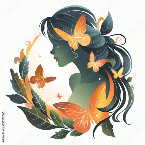 fata elfa, sagoma scura con decori di foglie rane e farfalle, logo sui sfondo bianco