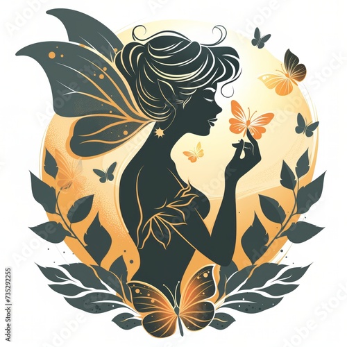 fata elfa, sagoma scura con decori di foglie rane e farfalle, logo sui sfondo bianco photo