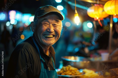 A man grins widely at the camera as he indulges in a late night street snack from the bustling market, his contentment evident in his relaxed human face and casual clothing