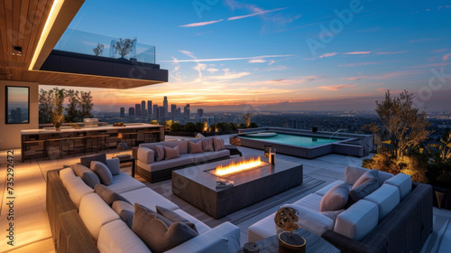 Embrace the ultimate in entertainment and relaxation with a rooftop living space featuring a fullsize bar builtin BBQ and luxurious hot tub with expansive city views. photo