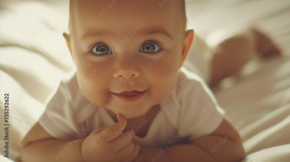 happy baby with blue eyes is lying on their tummy on a textured blanket with pillows in the background. happy baby with blue eyes is lying on their tummy on a textured blanket with pillows in the background.