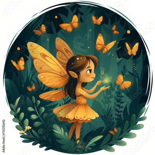 fatina tenera che gioca con le farfalle illustrazione su sfondo bianco photo