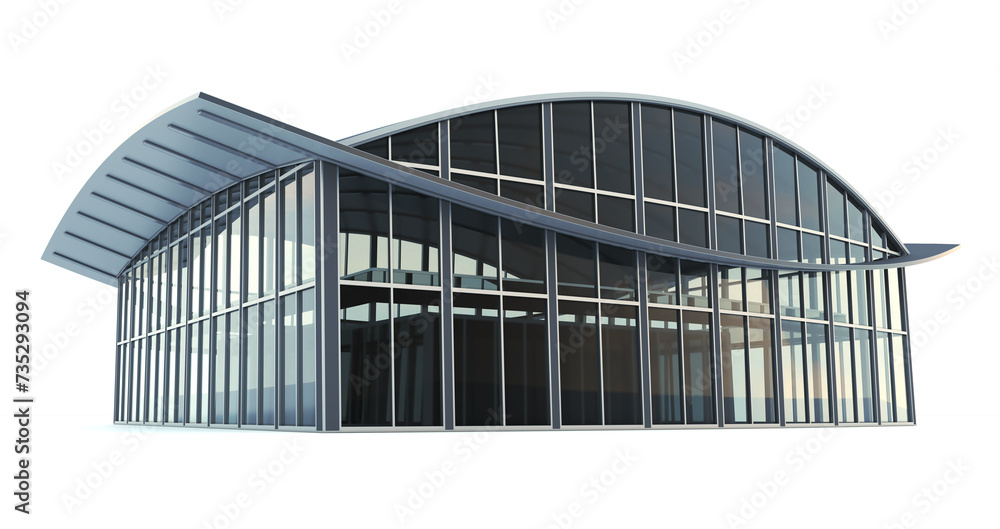 Fototapeta premium Business center, commercial, exhibition, sports building with glass facade and rounded roof. 3d illustration isolated on white