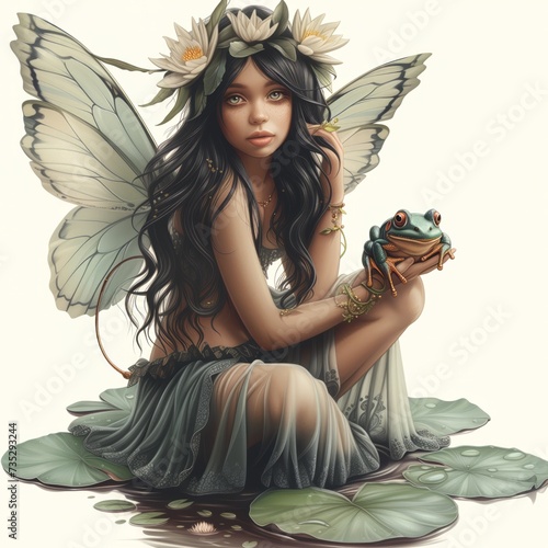 fatina dai capelli scuri con ali di farfalla, che gioca con una ranocchia su una ninfa che galleggia nel laghetto, su sfondo bianco photo