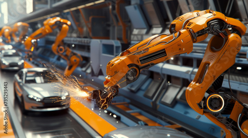 car assembly line with multiple robotic arms actively welding and assembling a car in a modern automobile factory. © MP Studio