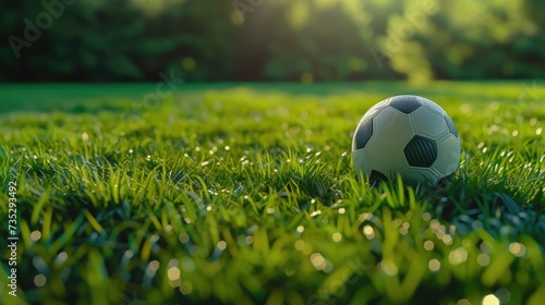Vibrant soccer football web banner with a close-up of a soccer ball on lush green grass. Dynamic composition for an energetic sports appeal