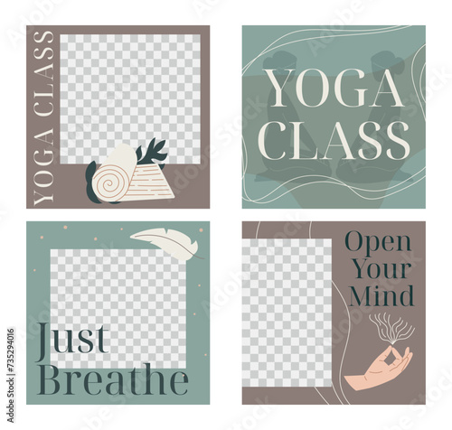 Set of vector templates for social media posts. Square banners, yoga class and meditation, flat style.