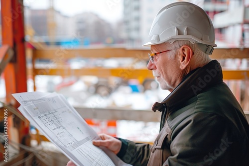 A determined engineer, dressed in a hard hat and protective clothing, studies the blueprint on his newspaper, ready to construct a new building and leave his mark on the world