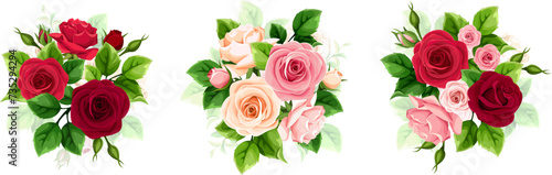 Roses. Red, pink, and white rose flowers and green leaves isolated on a white background. Set of vector design elements © naddya