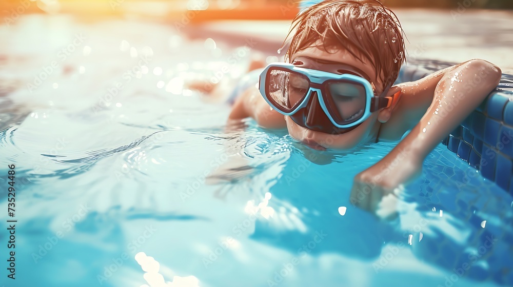 Fototapeta premium Generative AI : A boy in a swimming pool with a mask and snorkel holds on to the edge and dives into the pool. Summer fun by the pool. 