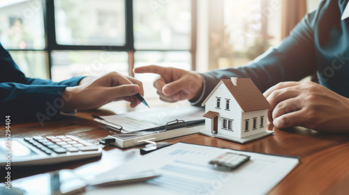 model of a house placed on a table next to a calculator, with a person in the background working on financial documents