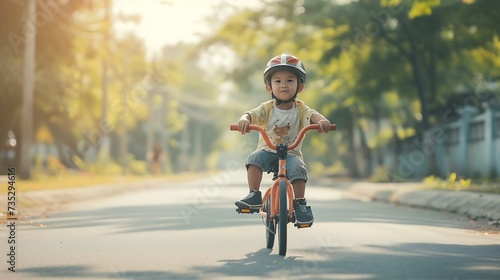 Generative AI : Learning to ride a bike concept, The little boy is practicing cycling a bicycle with the training wheels on the road. © The Little Hut