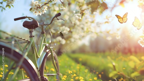 Generative AI : Enjoy a warm sunny spring day with a bike tour through lovely green spring flower covered landscape 